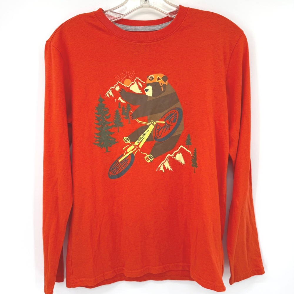 Eddie‎ Bauer Graphic T-Shirt Kids L 14/16 Orange Bear Mountain Bike Long Sleeve